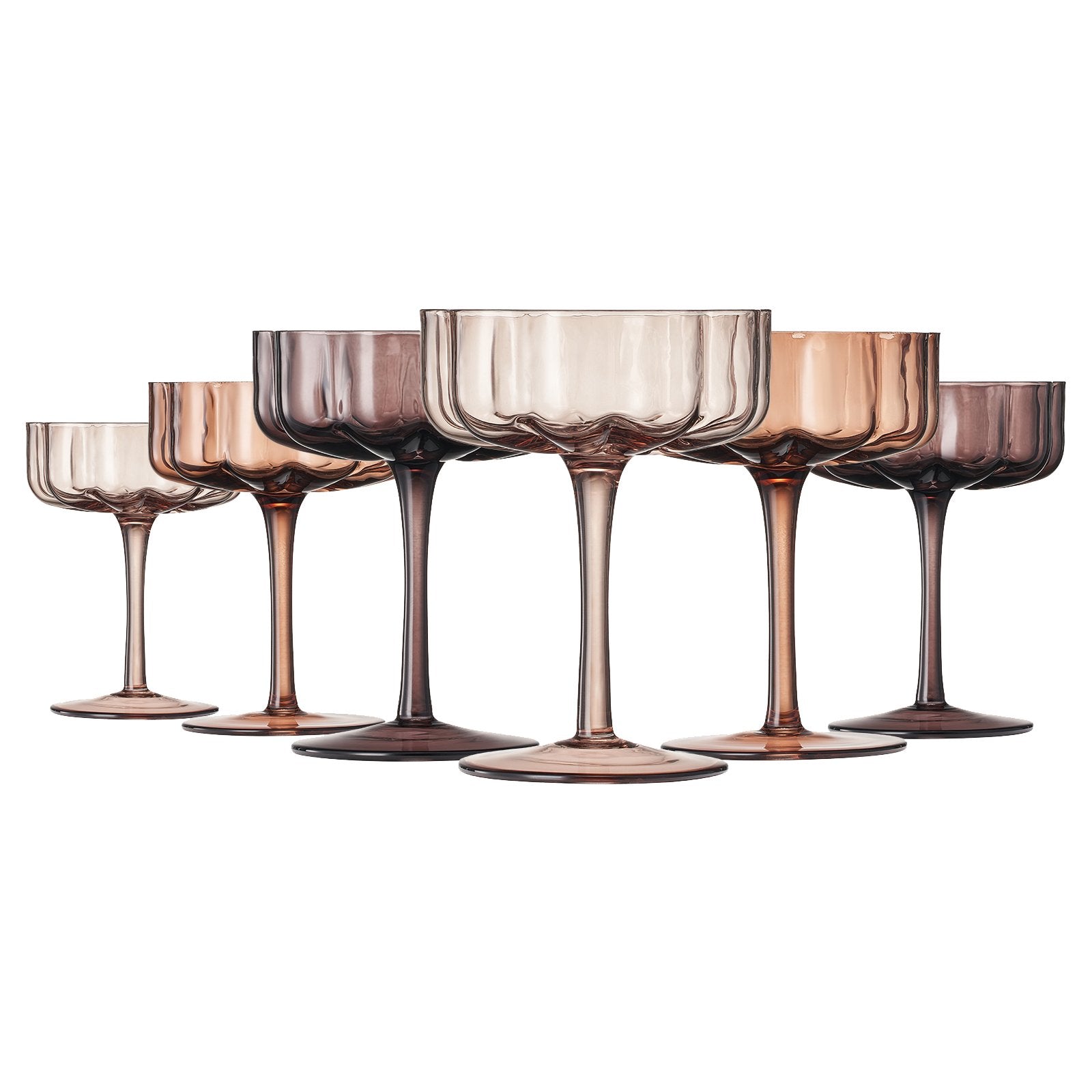 Flower Vintage Glass Champagne Coupe, 7oz, 6 Set Venus Brown - HER Home Design Boutique